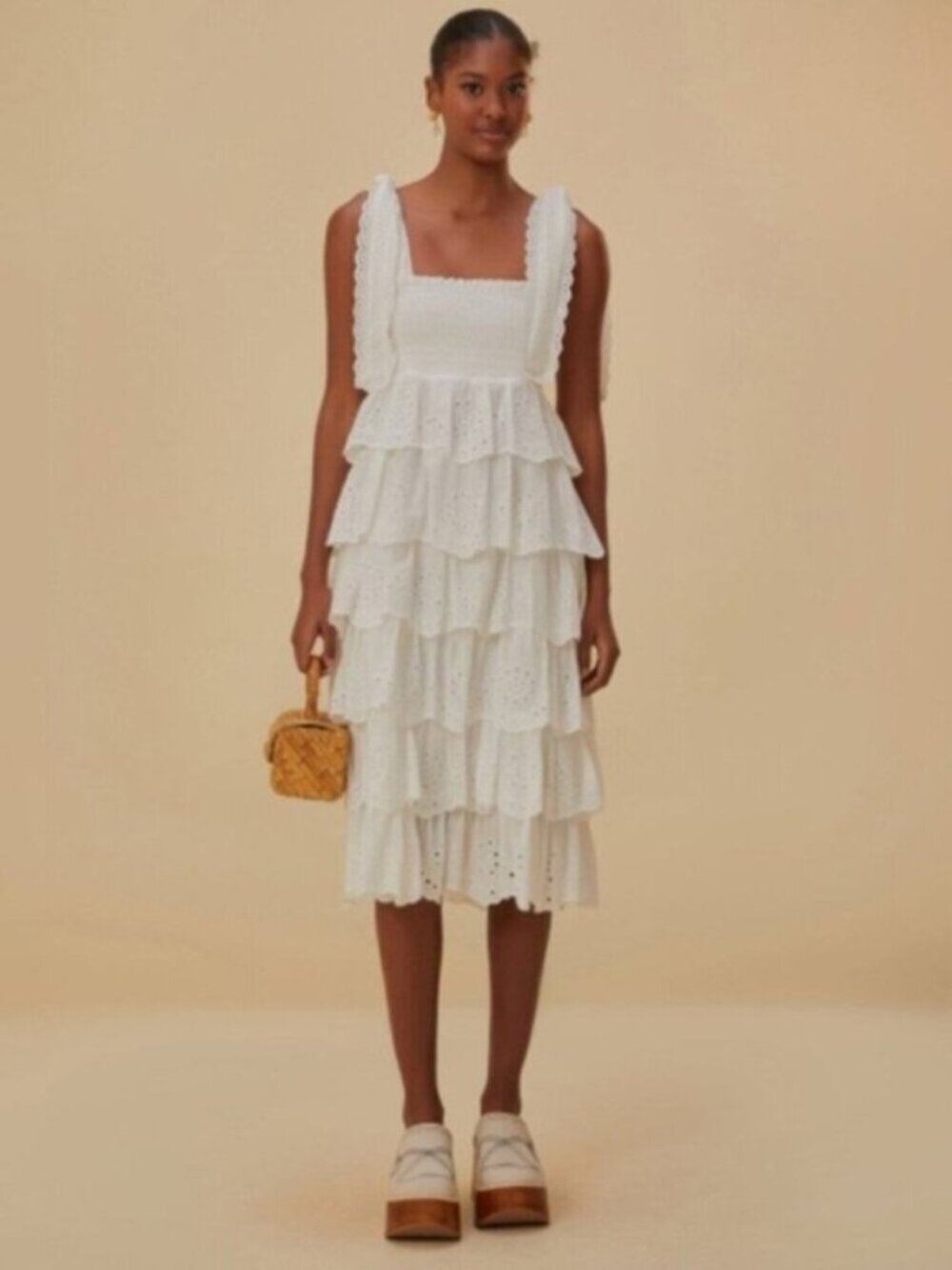 FARM RIO Embroidered Ruffle Eyelet Midi Dress White Size S NWT
